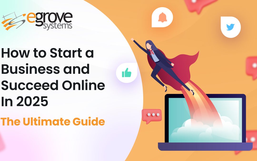 how to start business in 2025 - a businesswoman women flying from a computer—symbolizes success of ecommerce